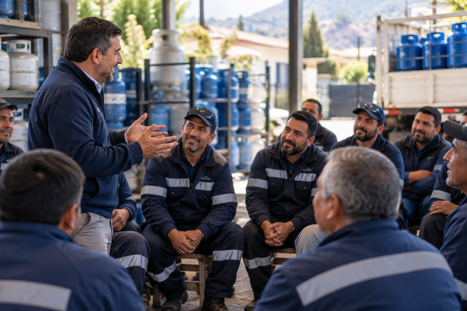Repartidores de gas reunidos en una jornada de conversación y trabajo en Chile.