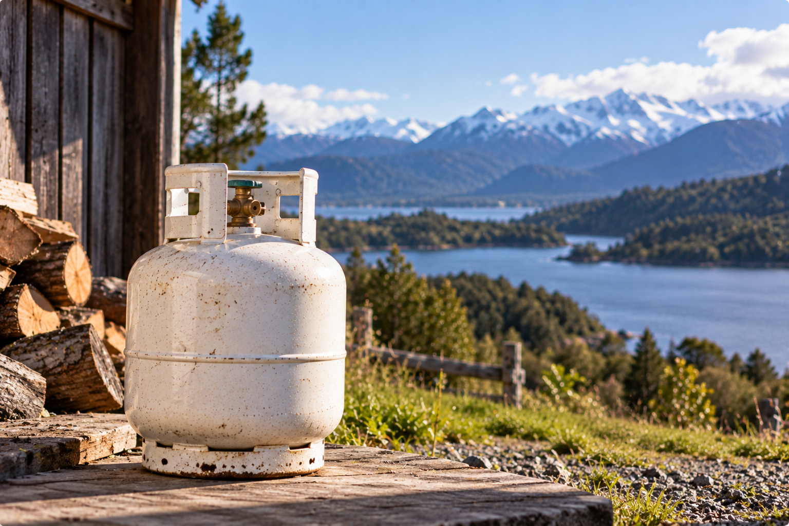 Cilindro de gas en un entorno natural representativo de la zona sur de Chile.